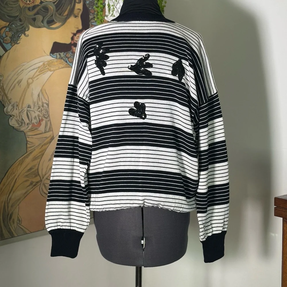 Vintage Escada Margaretha Ley Cardigan 38 US 8 Black Off‎ White Striped Sequin